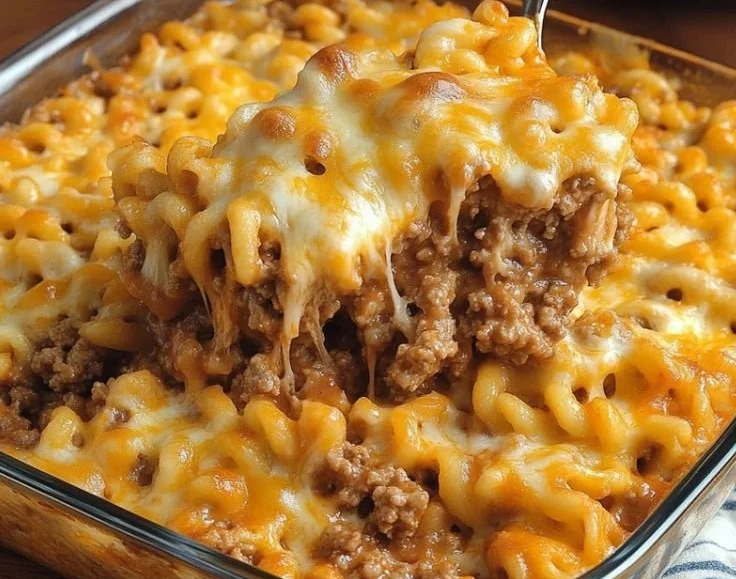 Cheesy hamburger casserole topped with melted cheese and ground beef