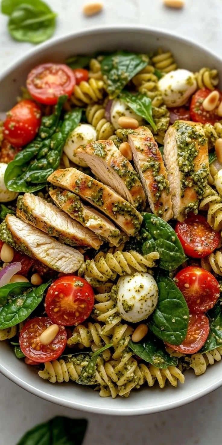 A vibrant Chicken Pesto Pasta Salad with grilled chicken and fresh basil.