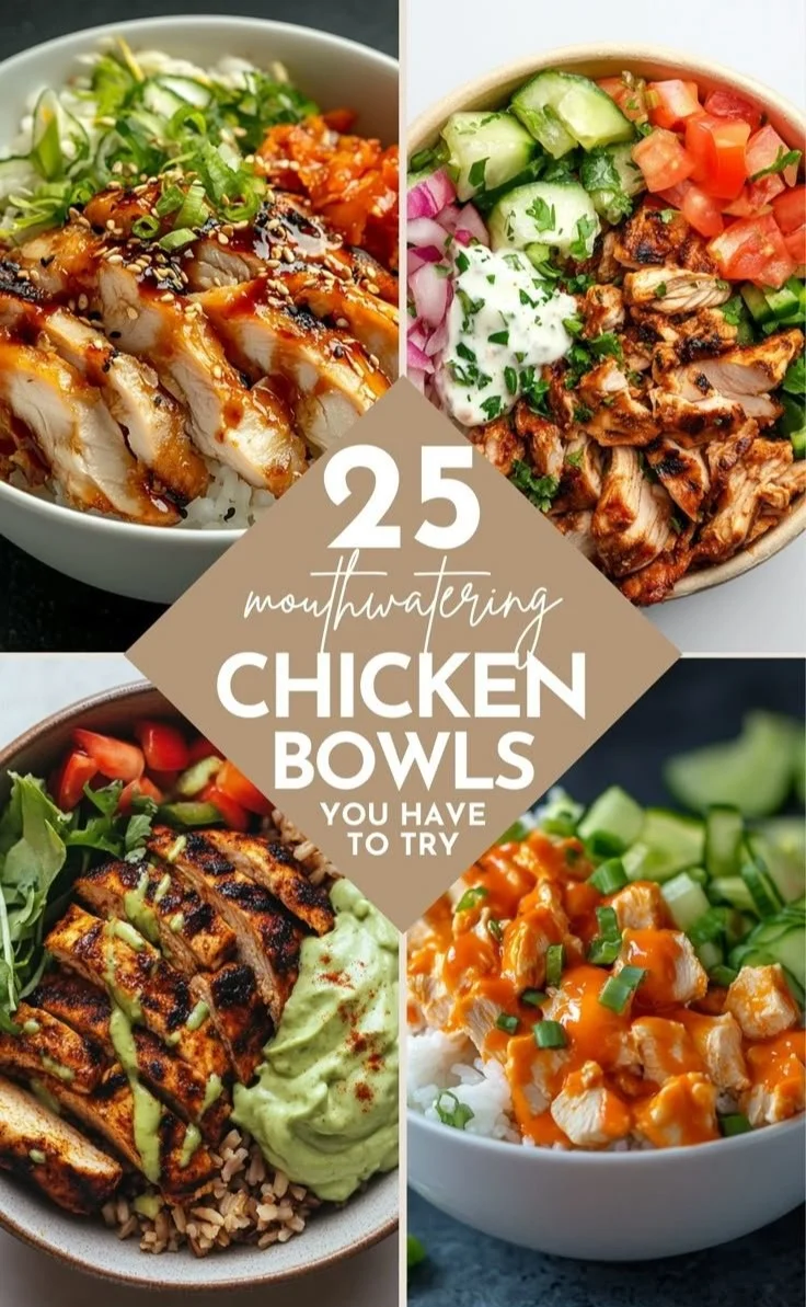 Delicious chicken rice bowl topped with fresh vegetables and herbs