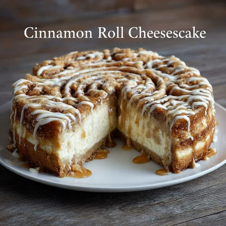 Delicious cinnamon roll cheesecake topped with swirls of cinnamon and cream cheese