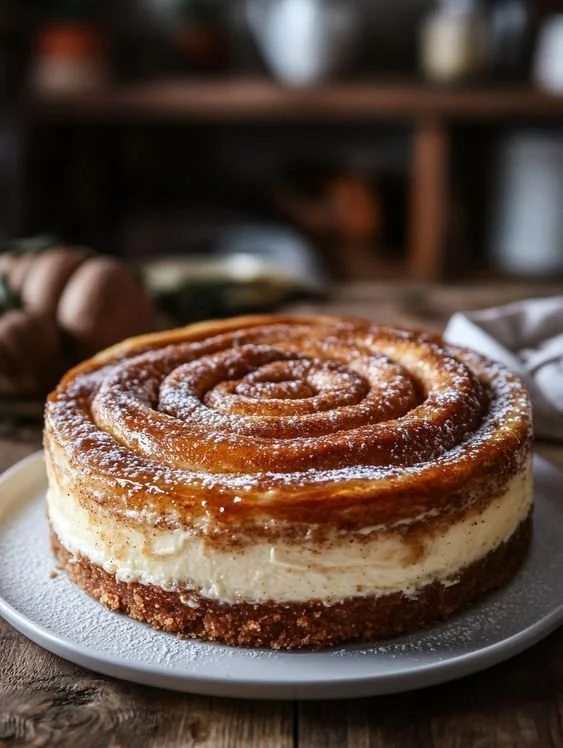 Cinnamon Roll Honeybun Cheesecake with creamy texture and cinnamon swirl topping