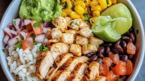 Low-calorie chicken burrito bowl full of bold flavors and healthy ingredients