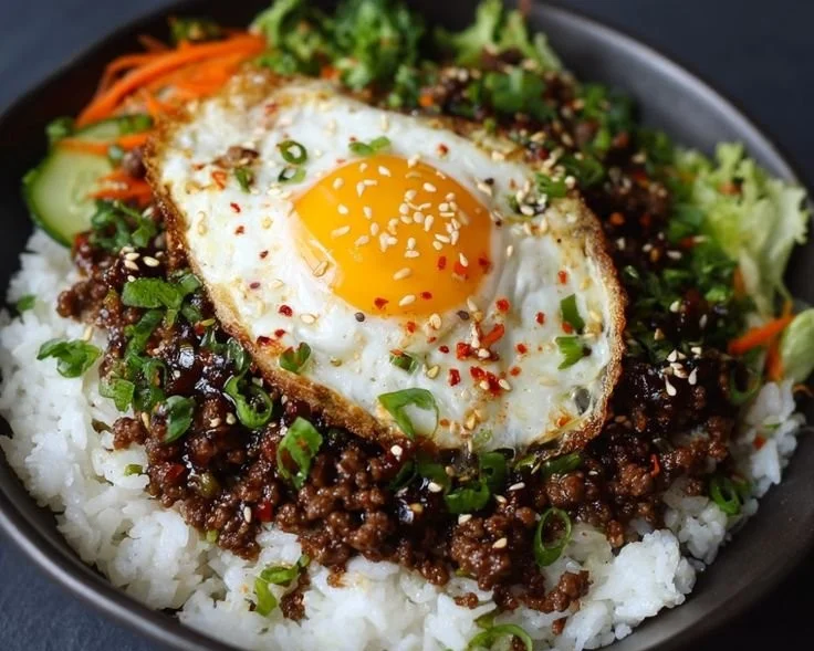 Korean Ground Beef Bowl recipe with seasoned beef and fresh vegetables