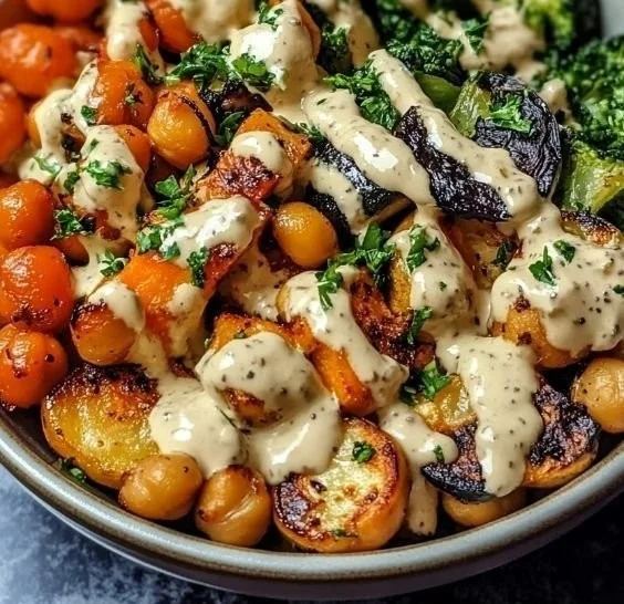 Colorful Roasted Vegetable Bowl with Chickpeas and fresh greens