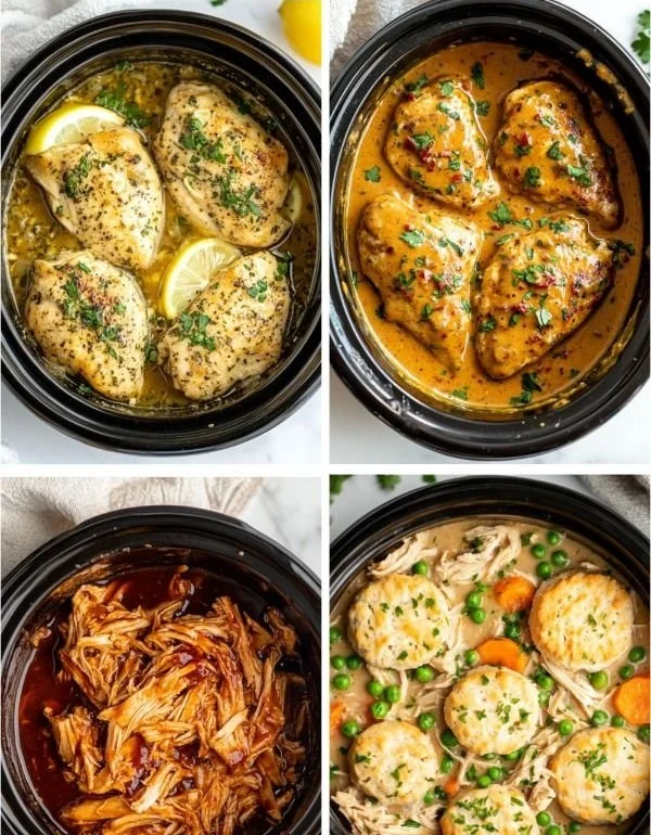 Juicy Crockpot chicken breast served with vegetables and herbs