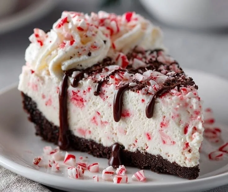 Delicious no-bake peppermint cheesecake topped with whipped cream and crushed candies.