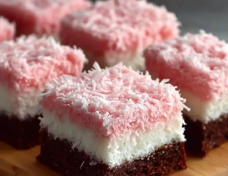 Pink Coconut Snowball Cake Bars topped with shredded coconut and frosting.