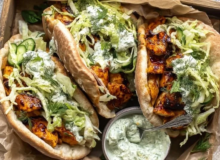 Sheet pan chicken pitas with herby ranch topping, served on a plate.