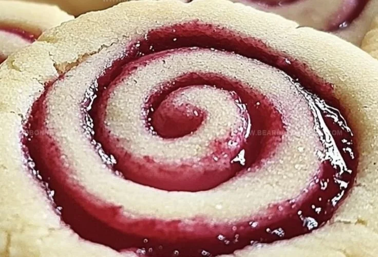 Buttery raspberry swirl shortbread cookies on a plate