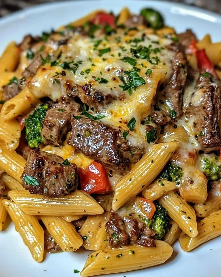 Creamy Garlic Parmesan Penne with Steak, Broccoli & Bell Peppers Recipe 2 Creamy Garlic Parmesan Penne with Steak, Broccoli & Bell Peppers Recipe
