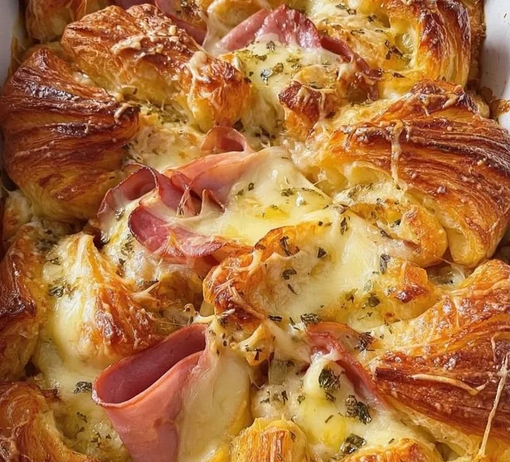 Delicious baked croissant layered with filling, perfect for breakfast.
