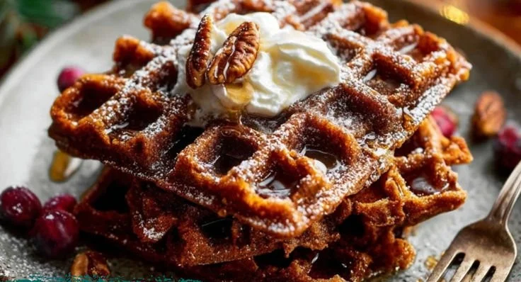 Easy Gingerbread Waffles 3 Delicious easy gingerbread waffles topped with syrup and whipped cream