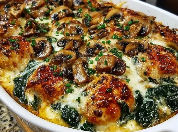 Easy Low Carb Chicken Spinach & Mushroom Bake! 3 Easy low carb chicken bake with spinach and mushrooms in a casserole dish