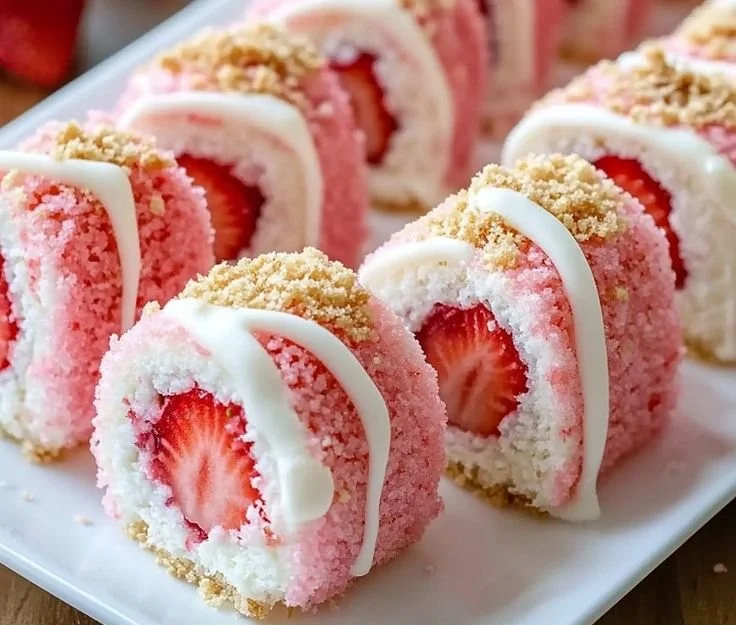 No-Bake Strawberry Shortcake Cheesecake Rolls 3 No-Bake Strawberry Shortcake Cheesecake Rolls on a platter