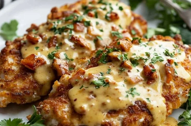 Crispy pretzel chicken drizzled with mustard-cheddar sauce on a plate.