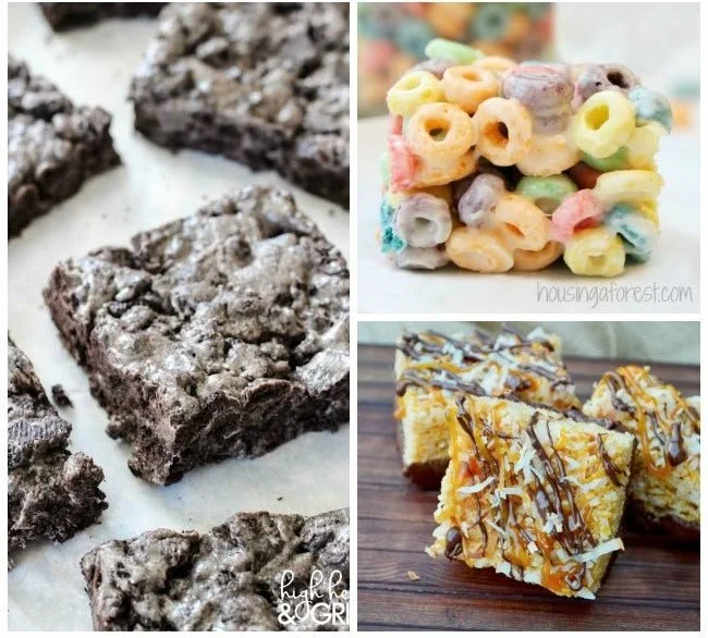 Delicious homemade Rice Krispie Treats on a wooden platter