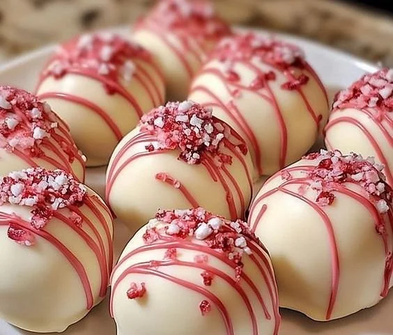 Strawberry Cheesecake Truffle Balls 3 Strawberry cheesecake truffle balls presented on a white plate with fresh strawberries